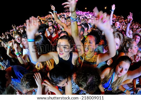 BENICASSIM SPAIN JULY 20 Crowd in a concert at FIB Festival on July 20 2014 in Benicassim Spain BENICASSIM SPAIN JULY 20 Crowd in a concert at FIB Festival on July 20 2014 in Benicassim Spain