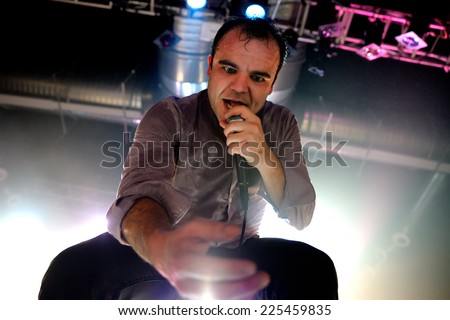 BARCELONA - OCT 20: Samuel Herring, frontman of Future Islands (synthpop electronic dance band), performs at Razzmatazz stage on October 20, 2014 in Barcelona, Spain.