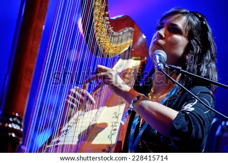 BILBAO, SPAIN - OCT 31: Harp player of The Barr Brothers (band) live performance at Bime Festival on October 31, 2014 in Bilbao, Spain.