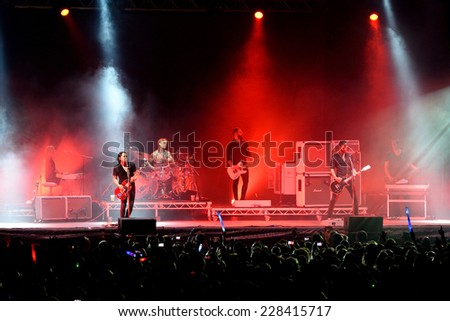 BILBAO, SPAIN - OCT 31: Placebo (famous rock androgynous band) live performance at Bime Festival on October 31, 2014 in Bilbao, Spain.