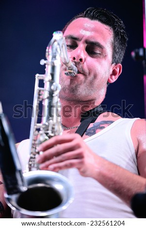 BILBAO, SPAIN - NOV 01: Saxophone player of La Moda (band) live music show at Bime Festival on November 01, 2014 in Bilbao, Spain.