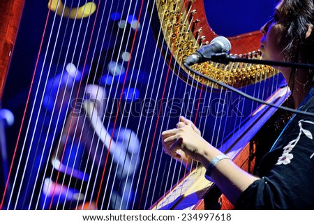 BILBAO, SPAIN - OCT 31: Harp player of The Barr Brothers (band) live performance at Bime Festival on October 31, 2014 in Bilbao, Spain.