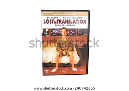 BARCELONA, SPAIN - DEC 27, 2014: Lost in Translation, American comedy-drama film written and directed by Sofia Coppola, on DVD edition, isolated on white background.