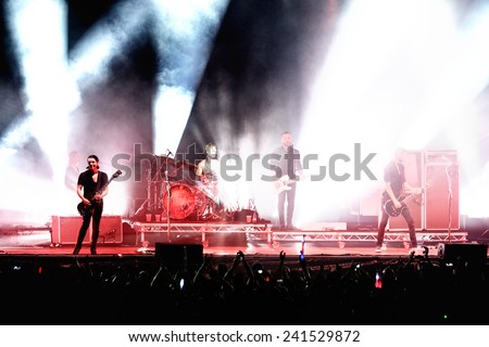 BILBAO, SPAIN - OCT 31: Placebo (band) live performance at Bime Festival on October 31, 2014 in Bilbao, Spain.