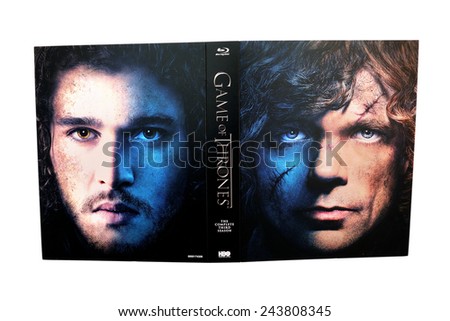 BARCELONA, SPAIN - DEC 27, 2014: Game of Thrones, television series c, on Blu-Ray, with Tyrion Lannister (Peter Dinklage) and Jon Snow (Kit Harington) on its cover, isolated on white background.