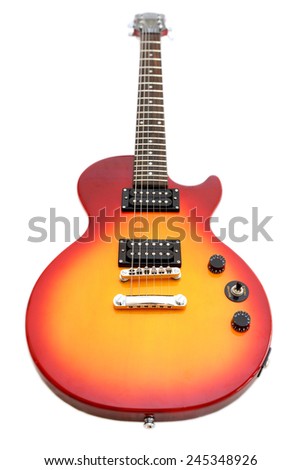 BARCELONA, SPAIN - OCT 7, 2014: Electric guitar Epiphone Les Paul Special II, in Heritage Cherry Sunburst color isolated on white background.