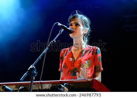 BENICASSIM, SPAIN - JULY 20: The woman singer and keyboard player of La Femme (band) concert at FIB Festival on July 20, 2014 in Benicassim, Spain.