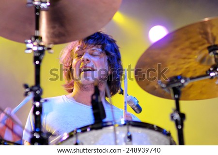 BARCELONA - JUN 4: The drummer of The Black Box Revelation (band from Belgium) performs at Discotheque Razzmatazz on June 4, 2010 in Barcelona, Spain.