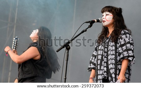 BARCELONA - MAY 30: Yamantaka Sonic Titan (experimental music band and performance art collective) performs at Heineken Primavera Sound 2014 Festival (PS14) on May 30, 2014 in Barcelona, Spain.