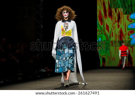 BARCELONA - FEB 2: A model walks the runway for the Brain and Beast collection at the 080 Barcelona Fashion Week 2015 Fall Winter on February 2, 2015 in Barcelona, Spain.