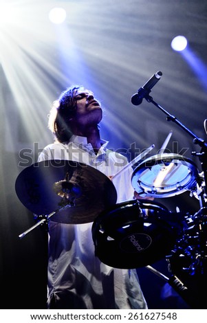 BILBAO, SPAIN - NOV 01: The drummer of Mando Diao (band) live music show at Bime Festival on November 01, 2014 in Bilbao, Spain.