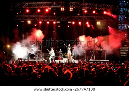 VALENCIA, SPAIN - APR 5: View from the crowd of the concert of La Roux (band) at MBC Fest on April 5, 2015 in Valencia, Spain.