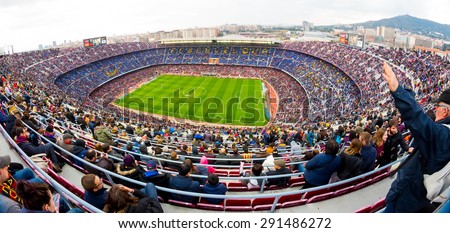 BARCELONA - FEB 21: A general view of the Camp Nou Stadium in the football match between Futbol Club Barcelona and Malaga, of the Spanish BBVA League, on February 21, 2015 in Barcelona, Spain.
