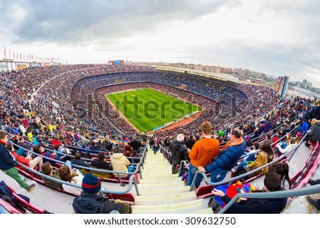 BARCELONA - FEB 21: A general view of the Camp Nou Stadium in the football match between Futbol Club Barcelona and Malaga of the Spanish BBVA League on February 21, 2015 in Barcelona, Spain.