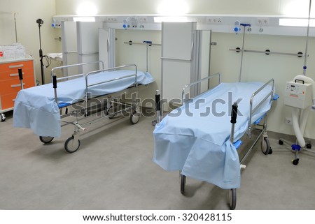 BARCELONA - SEP 22: Stretchers in the empty recovery room of an hospital on September 22, 2015 in Barcelona, Spain.