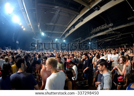 BARCELONA - JUN 19: Audience in a concert at Sonar Festival on June 19, 2015 in Barcelona, Spain.