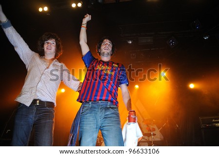 BARCELONA, SPAIN - MAR 01: Kurtis Smith drummer of the british rock/blues band The Brew, perfoms with a F.C. Barcelona team shirt at Bikini on March 1, 2012 in Barcelona, Spain.