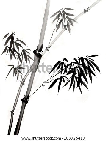 A bamboo branch and leaves painted in the style of traditional Chinese ink drawing