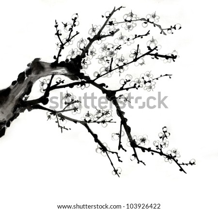 A tree branch and plum blossoms painted in the style of traditional Chinese ink drawing