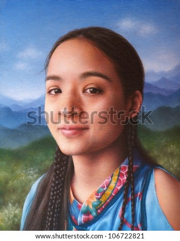 Hand painted portrait in oil of a young Asian girl with long braids and dressed in a traditional costume.
