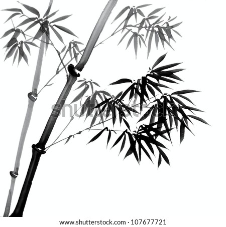 A bamboo branch and leaves painted in the style of traditional Chinese watercolor