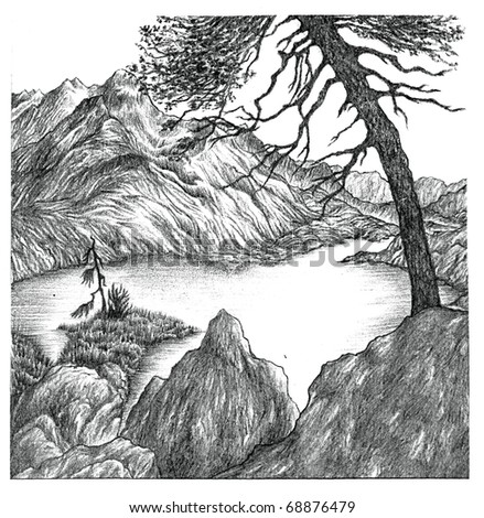Pencil drawing of a lake surrounded by rocky mountains and trees