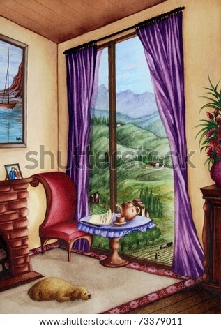 Watercolor painting of a room with a large window and mountain scene outside