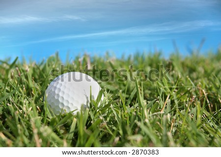 golf ball in the grass with blue sky as background