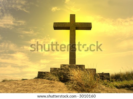 jesus on cross silhouette. stock photo : cross silhouette on top of the mountain