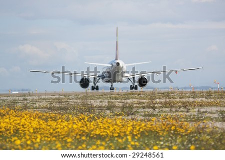 rear view of an airplane landing with out of focus caused by the the airplane engines