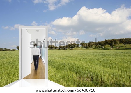 landscape with a green field and blue sky with a door to the office