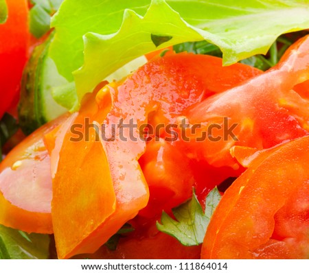 ingredients of fresh vegetable salad closeup, red tomatoes and green salad leaves