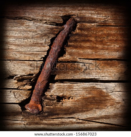 rusty nail and old dried wood texture background