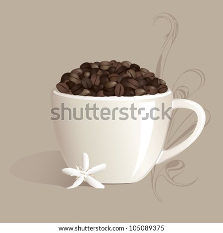 A white mug filled with coffee beans, with a coffee flower and latte swirl accent.