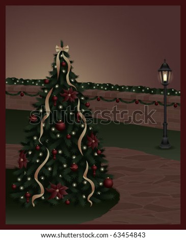A Christmas tree along a stone pathway