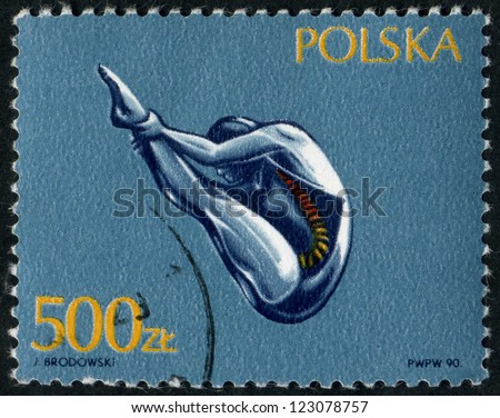 POLAND - CIRCA 1990: stamp printed by Bulgaria, shows sport, jump,  swimming, diver, water circa 1990