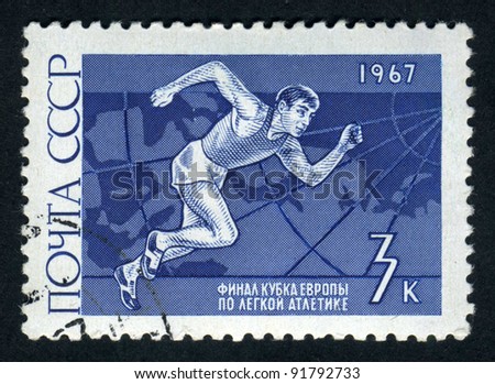 RUSSIA - CIRCA 1967: A stamp printed by Russia, shows sport, start, and map of Europe, circa 1967