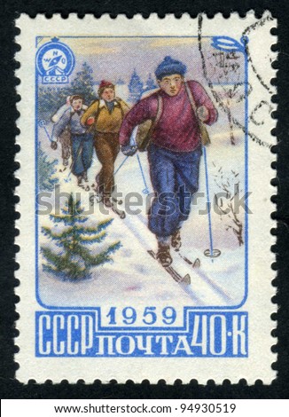 RUSSIA - CIRCA 1959: A stamp printed by Russia, shows sport, skier, skiing, winter circa 1959