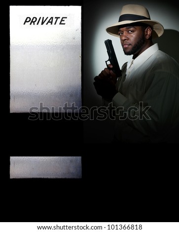 Black African American police private detective man on the job with a gun