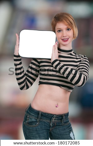 Beautiful young woman holding up a blank dry erase board sign