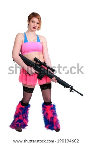 Woman dressed to go to a rave dance party with gun
