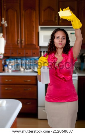 Glove wearing beautiful woman or maid cleaning house with a sponge and spray bottle with cleaner (photo illustration / image composite)