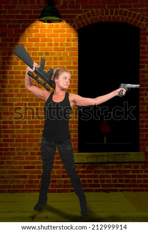 Beautiful young woman holding an automatic assault rifle and pistol (photo illustration / image composite)