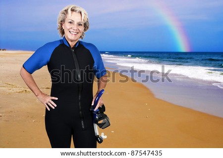 An older woman in scuba wet suit with a mask and snorkel