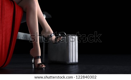 business concept with sexual sitting woman and case of money. High resolution 3d render.