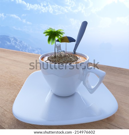 Coffee cup vacation relaxing concept composition with palm and chair