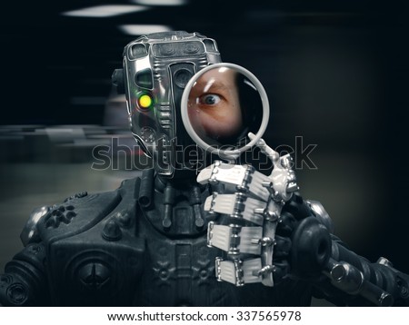 Robot holding a Magnifying glass with human face conceptual composition