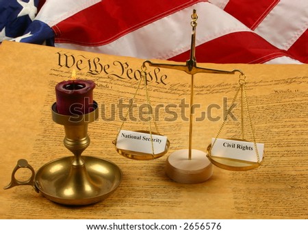 Constitution, candle, American Flag, and scales with 