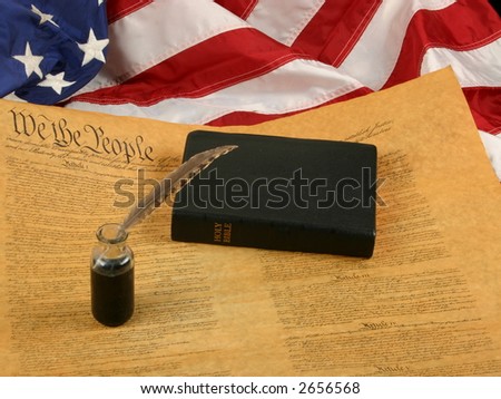 Bible, Flag, Inkwell with quill pen, and the United States Constitution