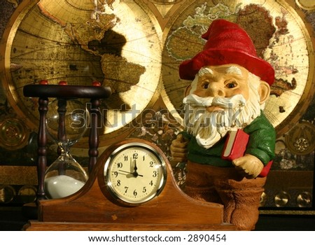 Gnome with book, world map, hourglass, and clock